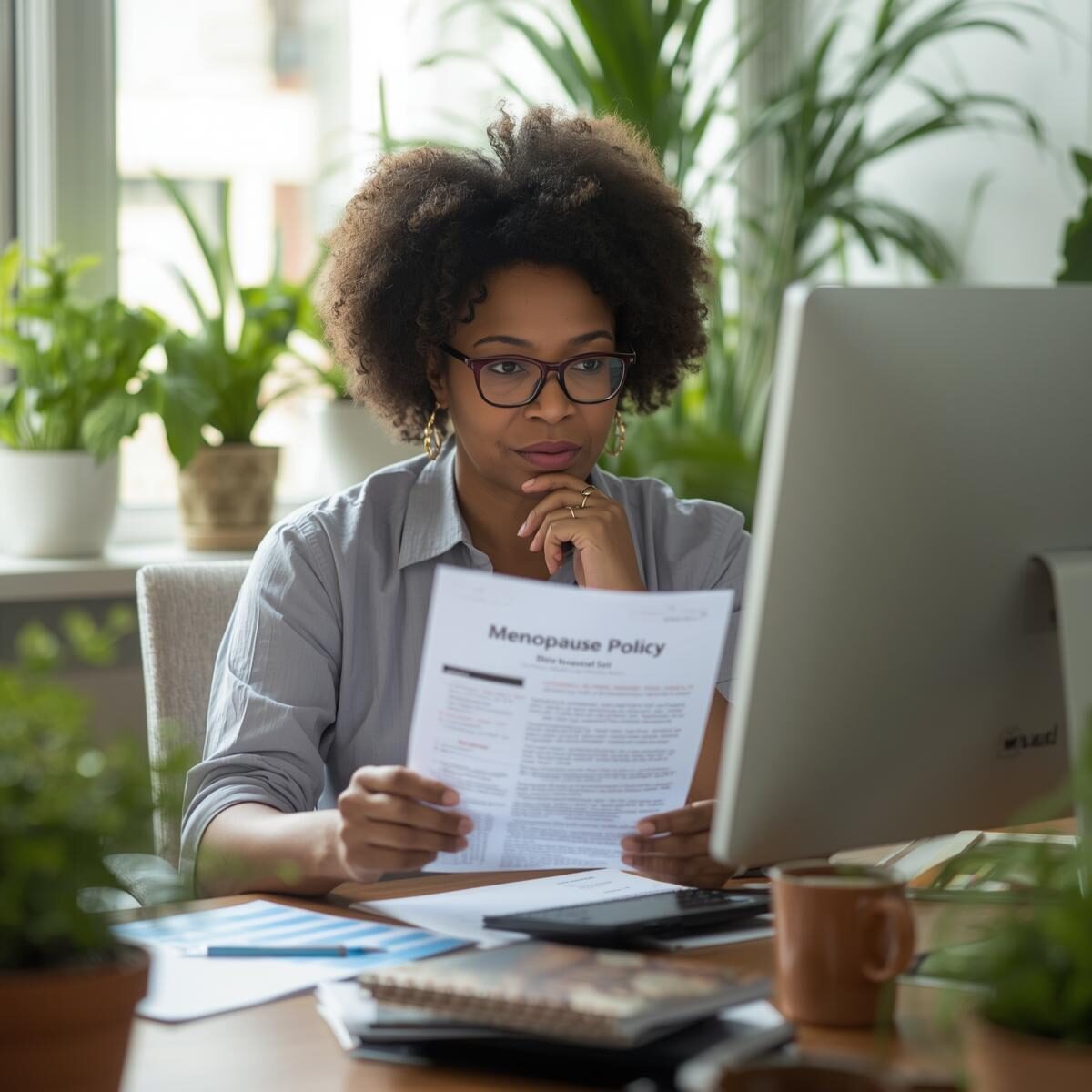 HR professional reviewing a workplace menopause policy document at her desk with computer, representing employer menopause compliance